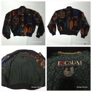 VINTAGE ESCADA MARGARETHA LEY MILITARY UNIFORM PRINT VELVET BOMBER JACKET Sz 40